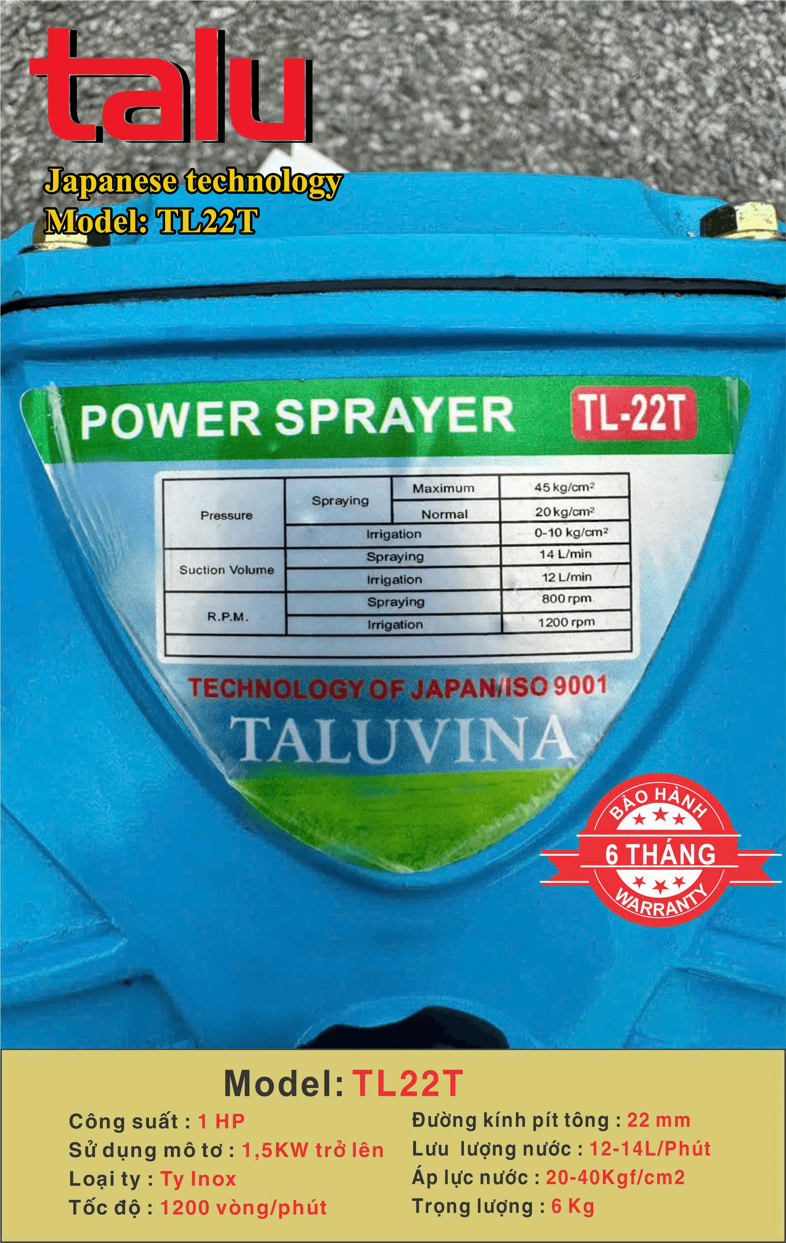 Đầu xịt cao áp TALUVINA 1HP xilanh 22mm ty inox - Góc nhìn 6