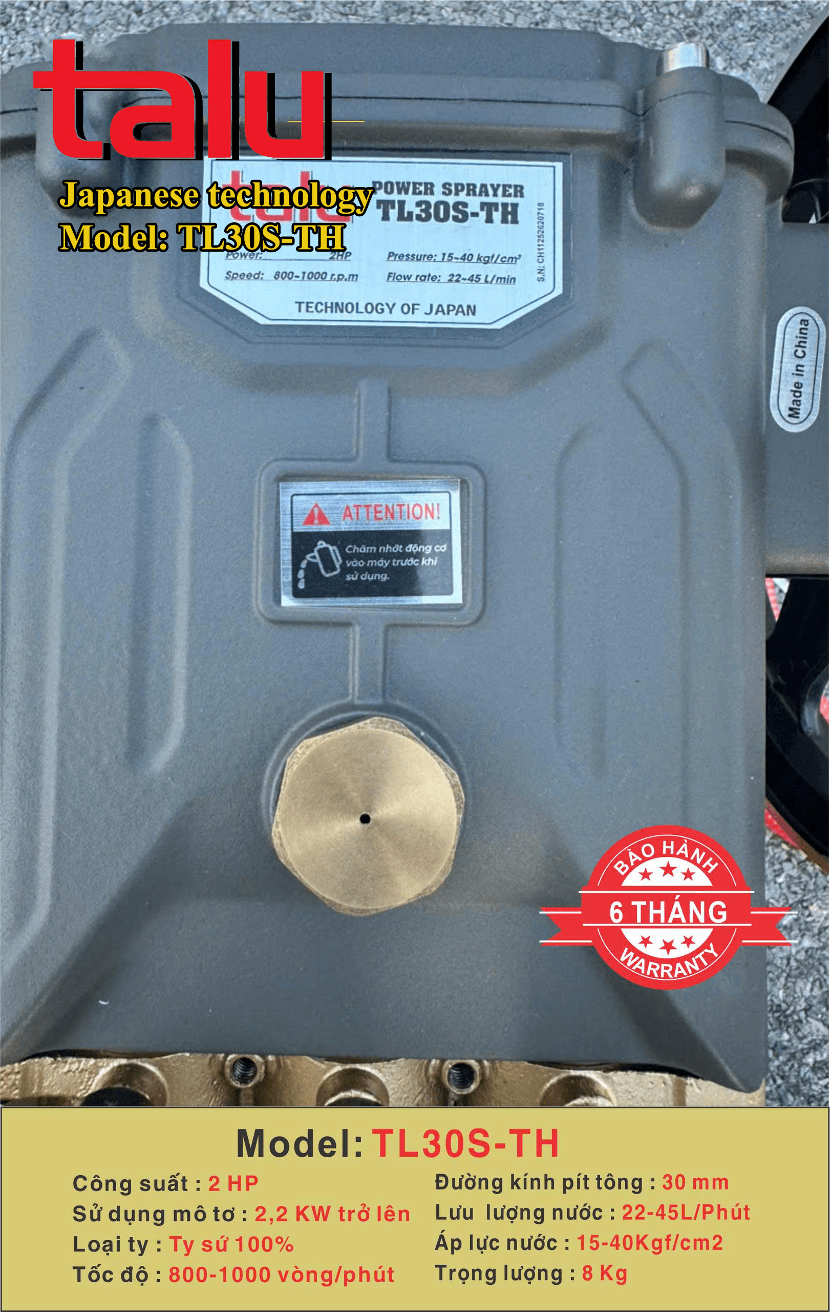 Đầu xịt cao áp TALU TL30S-TH xilanh 30mm 2HP ty sứ - Góc nhìn 2