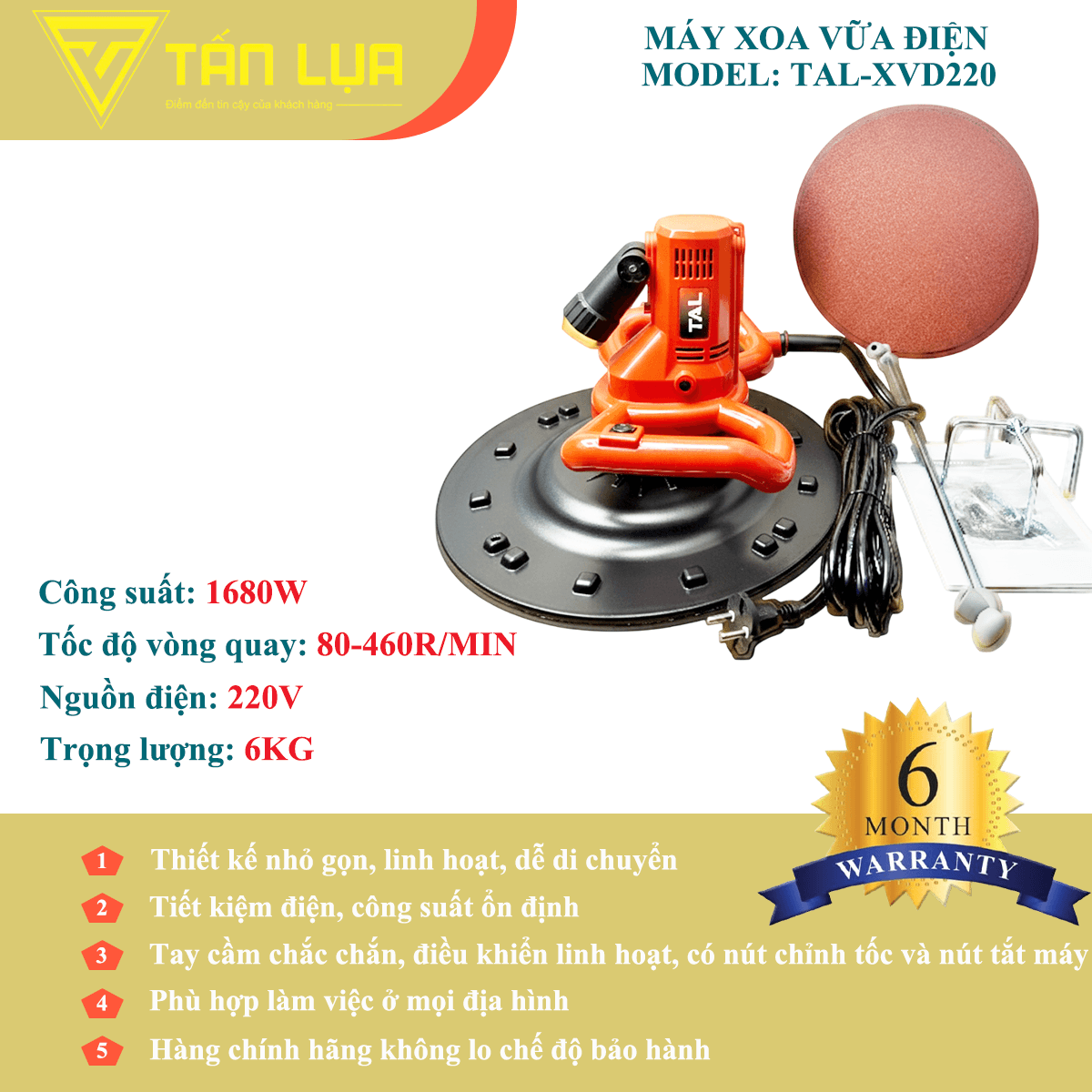 MÁY XOA VỮA ĐIỆN TAL-XVD220 – 1680W, NHẸ 6KG, LINH HOẠT MỌI CÔNG TRÌNH - Góc nhìn 3