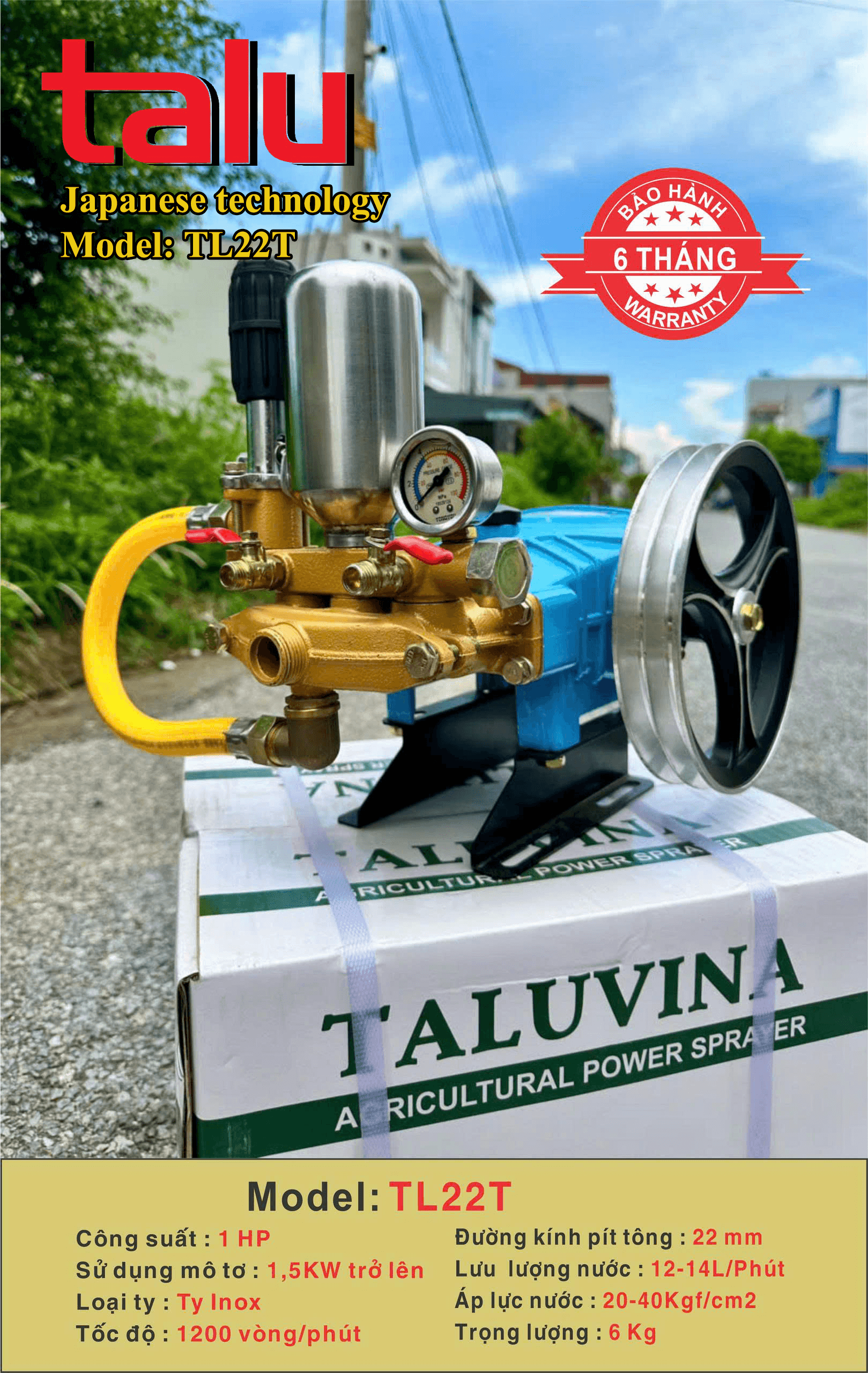 Đầu xịt cao áp TALUVINA 1HP xilanh 22mm ty inox - Góc nhìn 2