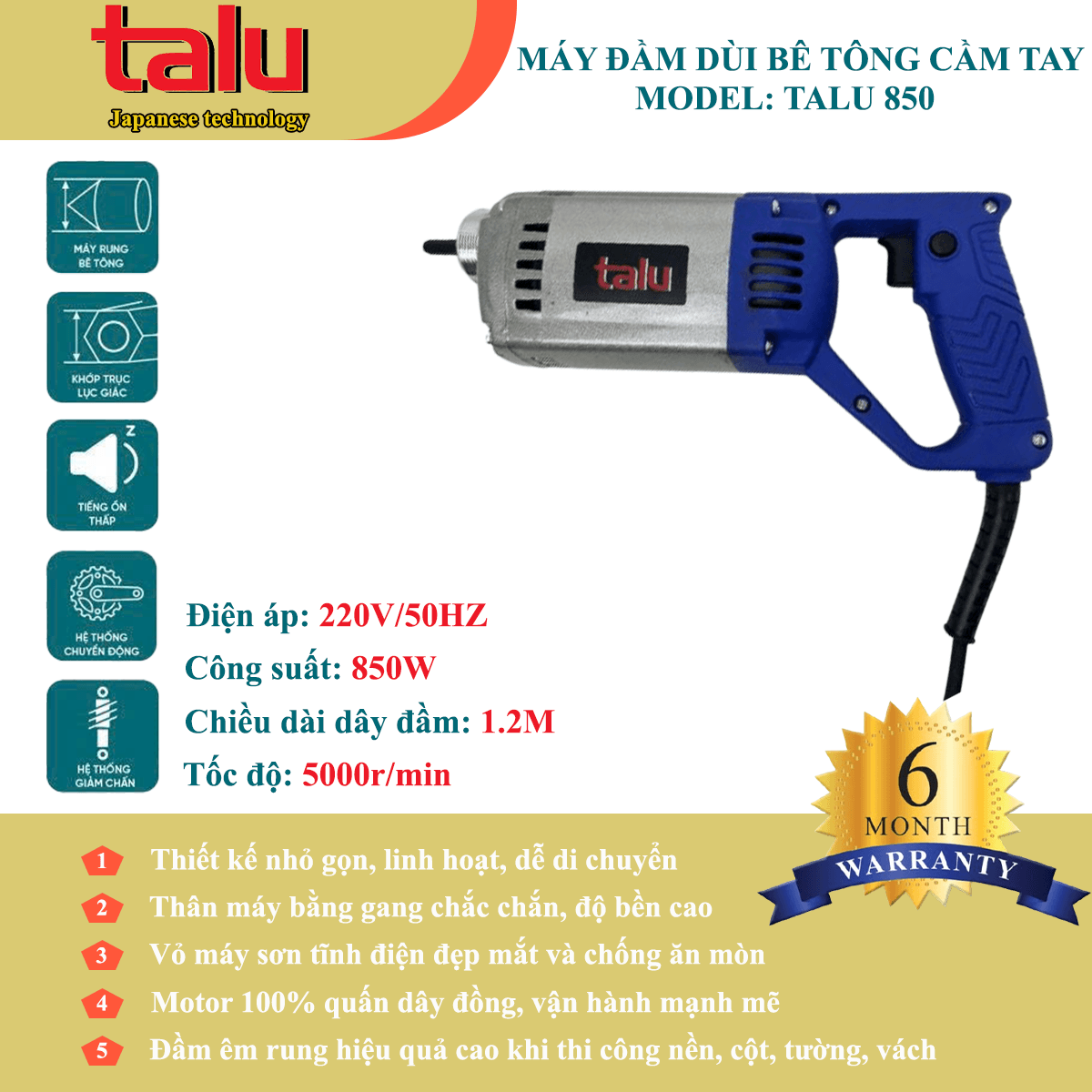 Máy đầm dùi điện Talu 850W không dây đầm - Góc nhìn 2