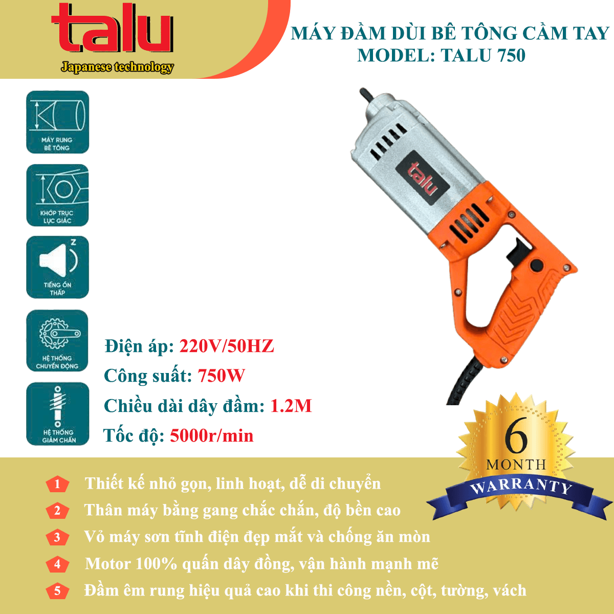 Máy đầm dùi điện Talu 750W không dây đầm chính hãng tại TAN LUA