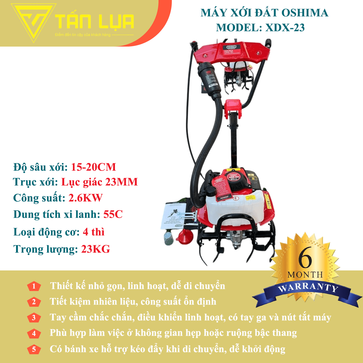 MÁY XỚI ĐẤT OSHIMA XDX-23 – 55CC, ĐỘNG CƠ 4 THÌ, XỚI KHỎE – TIẾT KIỆM NHIÊN LIỆU - Góc nhìn 3