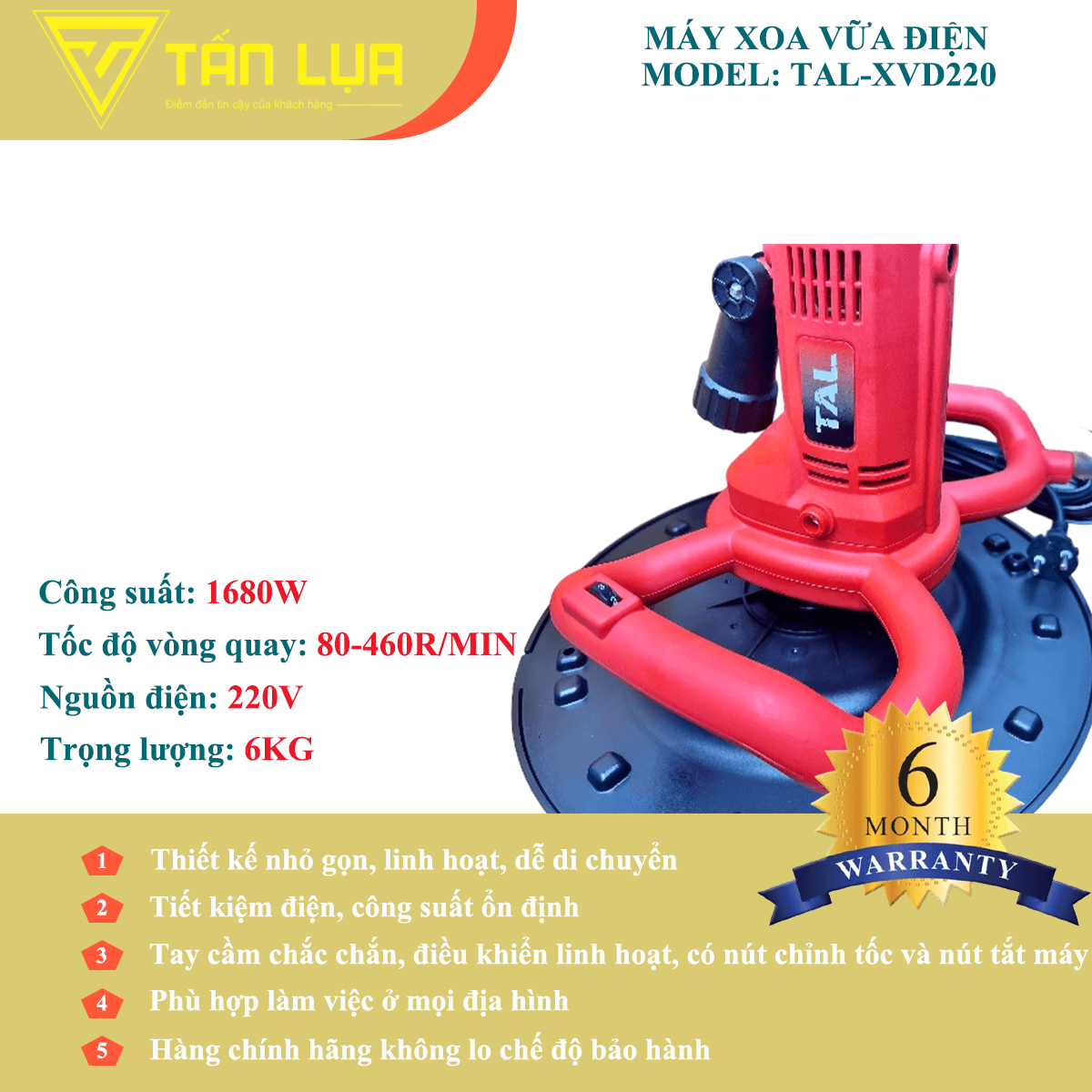 MÁY XOA VỮA ĐIỆN TAL-XVD220 – 1680W, NHẸ 6KG, LINH HOẠT MỌI CÔNG TRÌNH - Góc nhìn 4