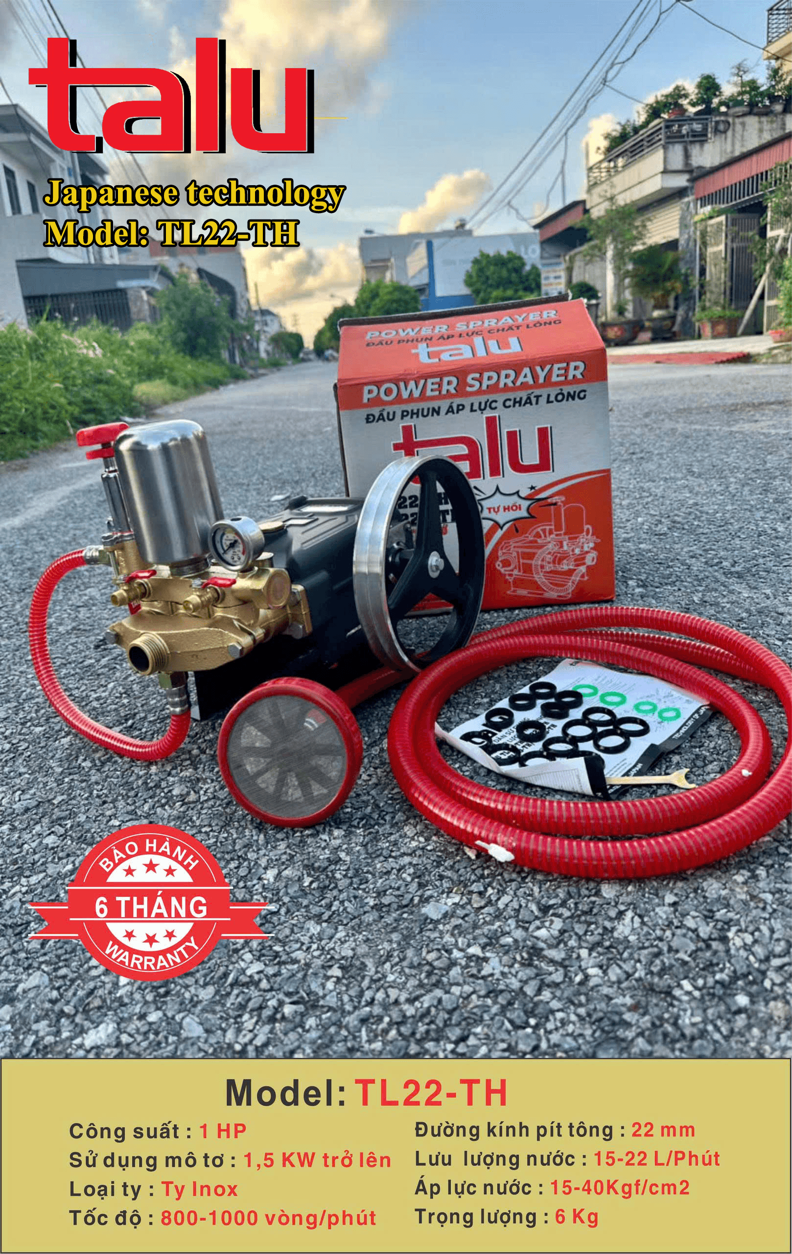 Đầu xịt cao áp TALU TL22-TH 1HP xilanh 22mm ty inox - Góc nhìn 1