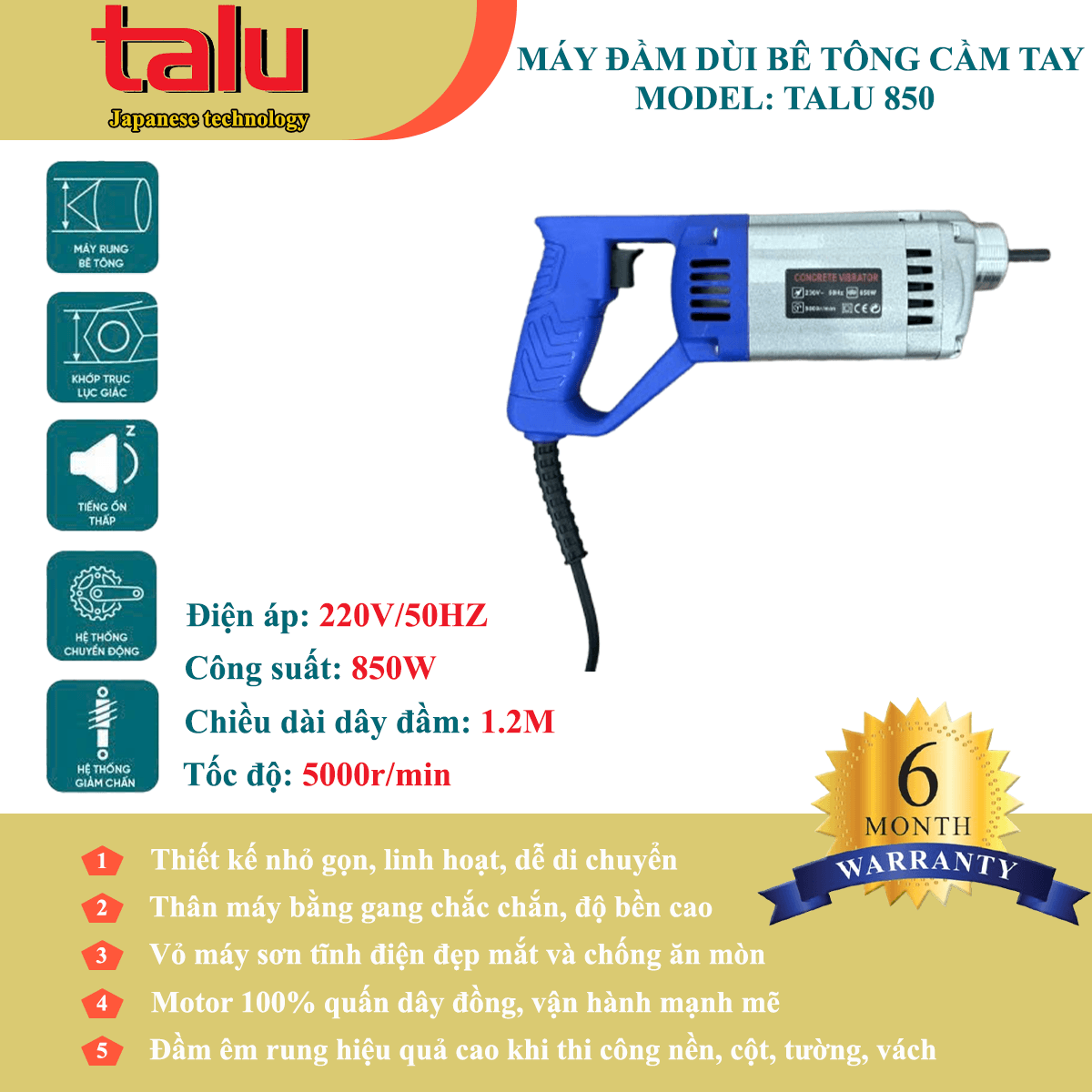 Máy đầm dùi điện Talu 850W không dây đầm chính hãng tại TAN LUA