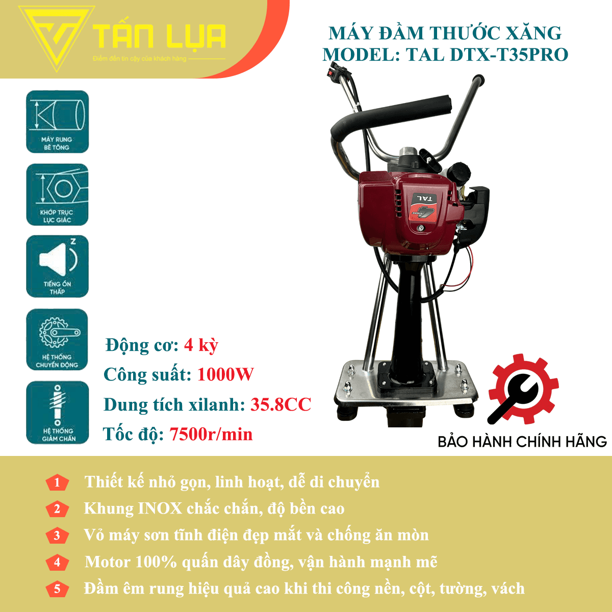 Máy đầm thước xăng 4 thì TAL DTX-T35PRO không thước chính hãng tại TAN LUA