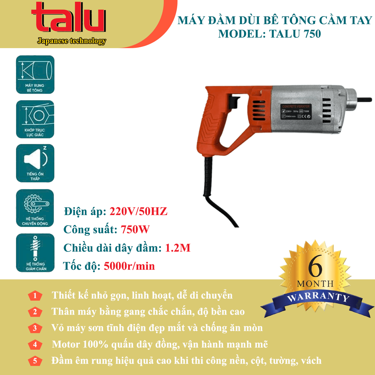 Máy đầm dùi điện Talu 750W không dây đầm - Góc nhìn 2