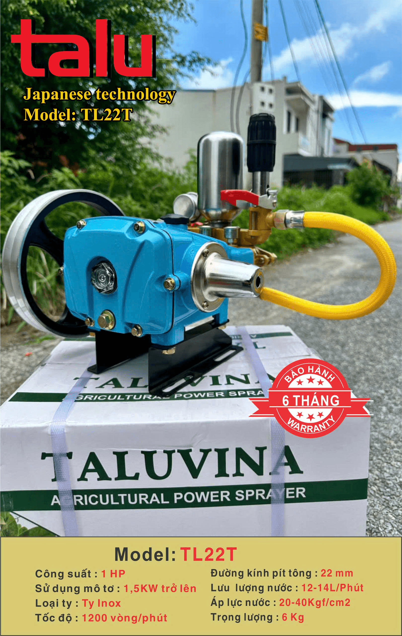 Đầu xịt cao áp TALUVINA 1HP xilanh 22mm ty inox - Góc nhìn 3