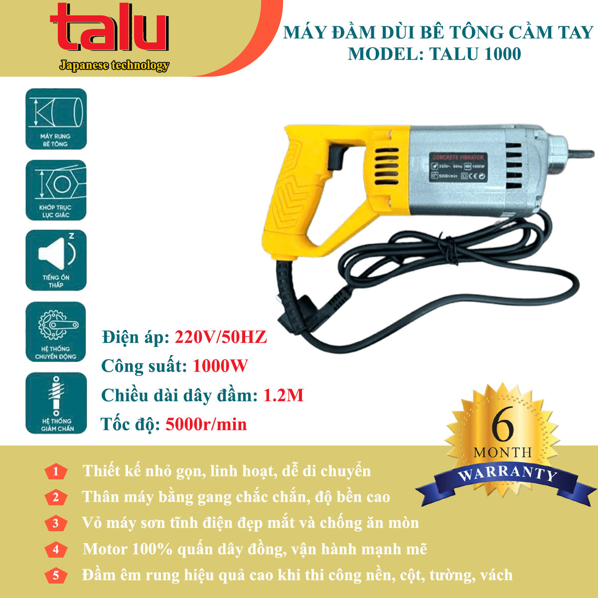 Máy đầm dùi điện Talu 1000W không dây đầm - Góc nhìn 2