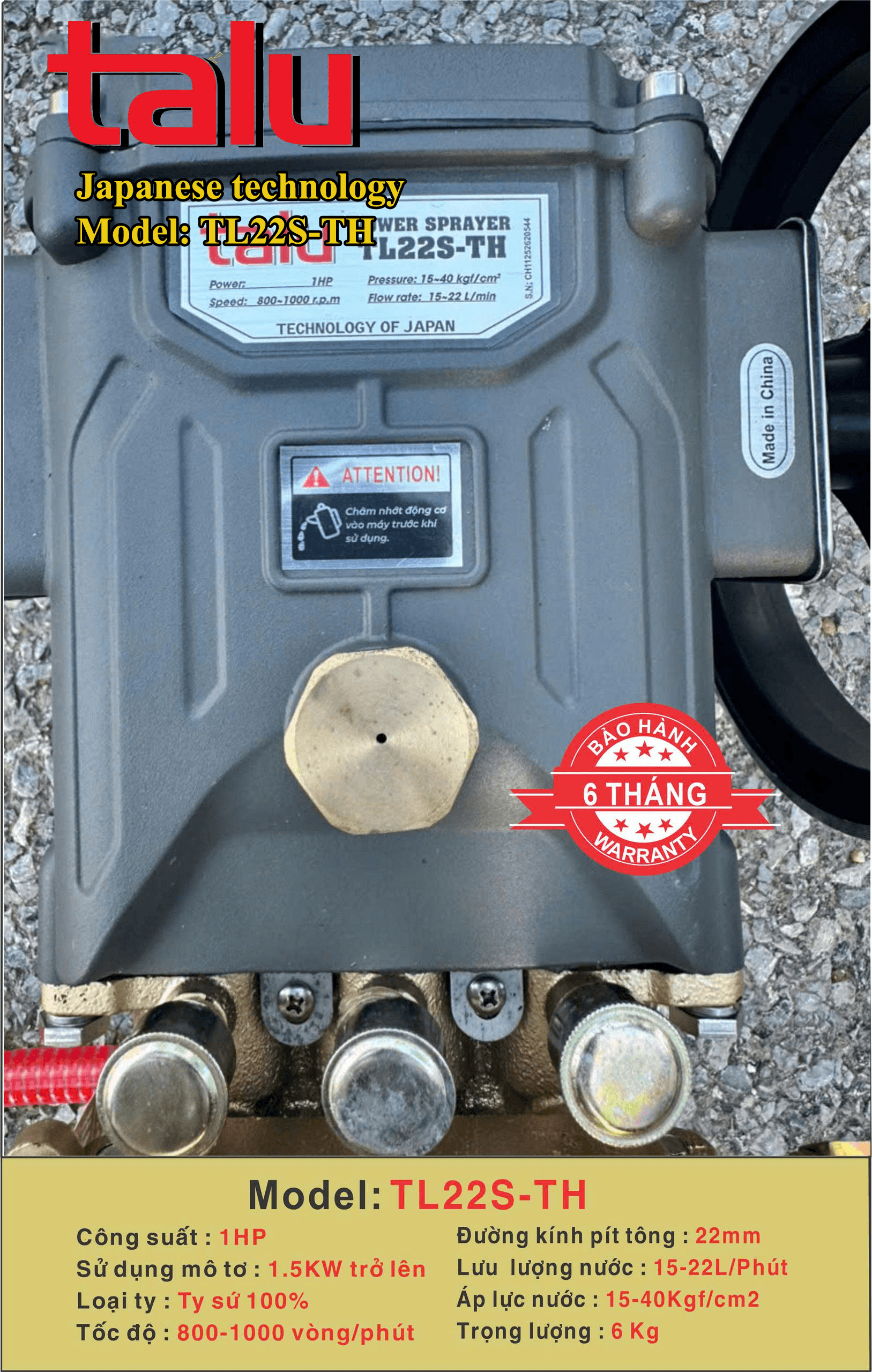 Đầu xịt cao áp TL22S-TH 1HP xilanh 22mm ty sứ - Góc nhìn 2