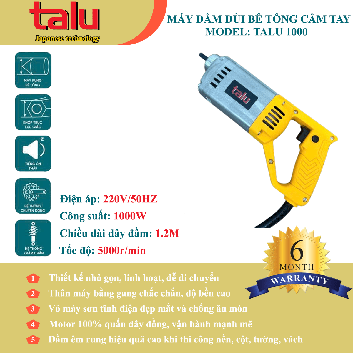 Máy đầm dùi điện Talu 1000W không dây đầm chính hãng tại TAN LUA